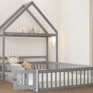 Cabine kinderbed 140x200cm in massief hout – met kledingroede – Grijs Cabine kinderbed 140x200cm in massief hout – met kledingroede – Grijs