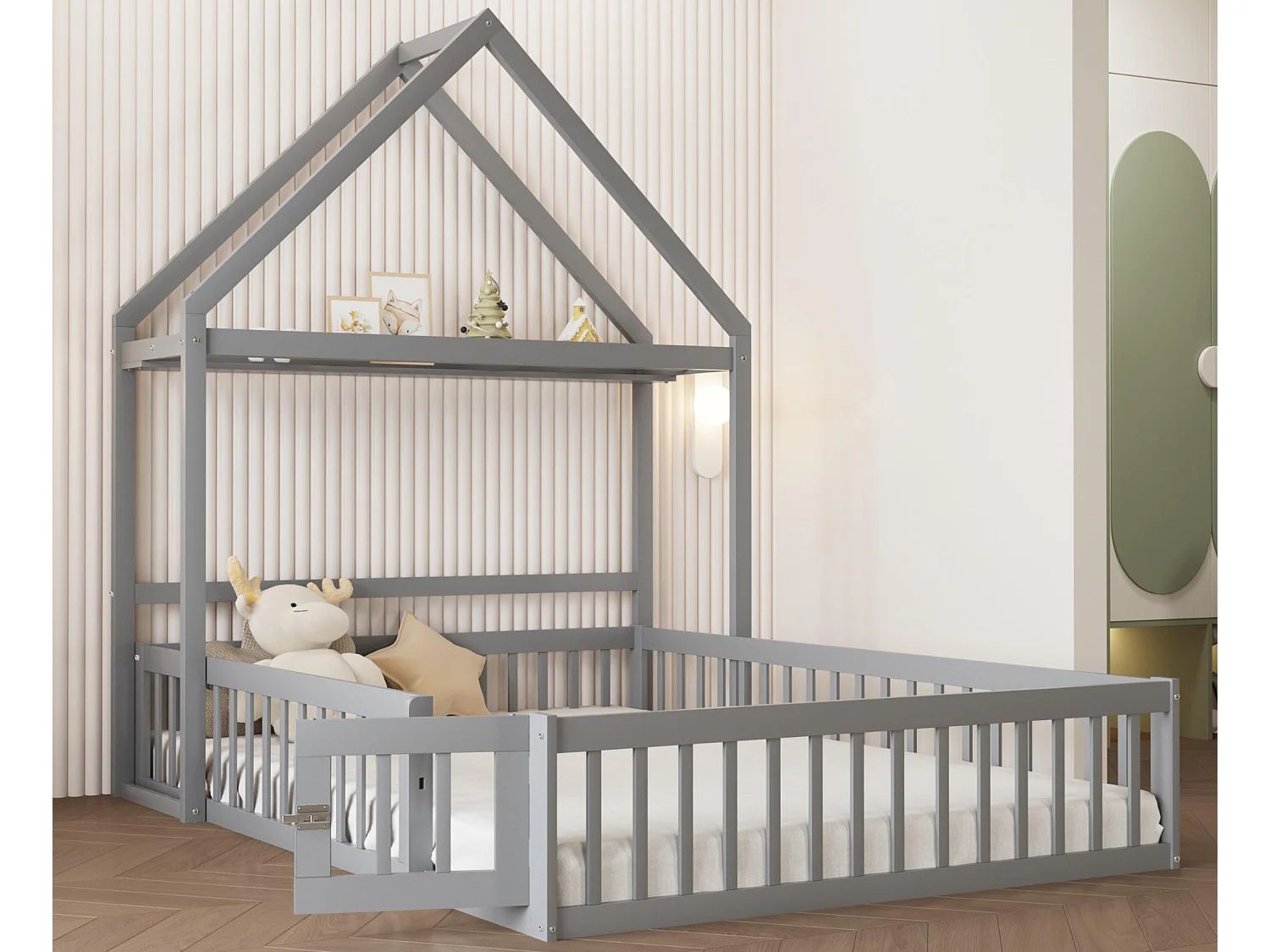 Cabine kinderbed 140x200cm in massief hout - met kledingroede - Grijs