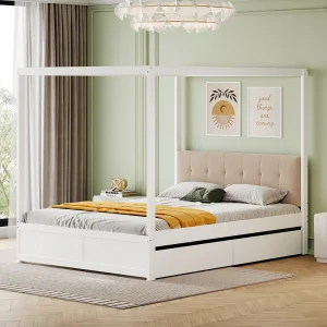 Hemelbedframe 140 x 200 cm met 2 grote lades en zachte rugleuning, wit houten bed Hemelbedframe 140 x 200 cm met 2 grote lades en zachte rugleuning, wit houten bed