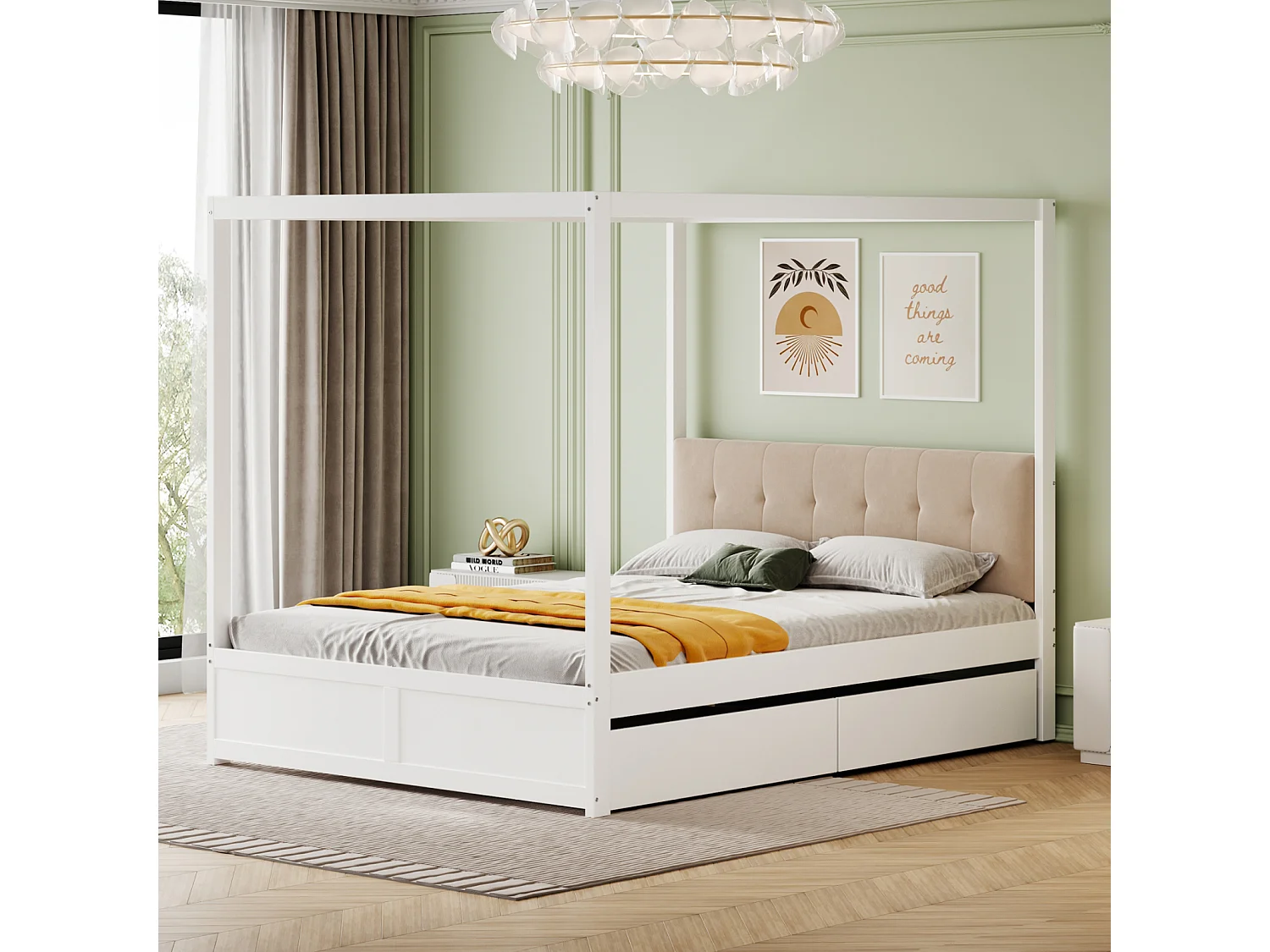 Hemelbedframe 140 x 200 cm met 2 grote lades en zachte rugleuning, wit houten bed