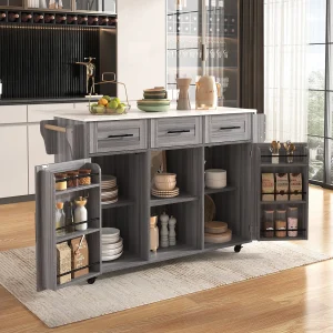 Centraal verrijdbaar keukeneiland met 2 deuren en 3 laden – uitschuifbaar blad – 129×46/71×91,5 cm – MDF hout + metaal – Grijs + wit