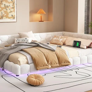 Fluweel daybed 140x200cm – met LED en USB poort – Wit Fluweel daybed 140x200cm – met LED en USB poort – Wit