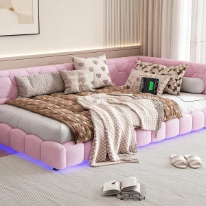 Fluwelen slaapbank 90x200cm – met LED en USB-poort – Roze Fluwelen slaapbank 90x200cm – met LED en USB-poort – Roze
