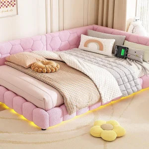 Fluweel daybed 140x200cm – met LED en USB poort – Roze Fluweel daybed 140x200cm – met LED en USB poort – Roze