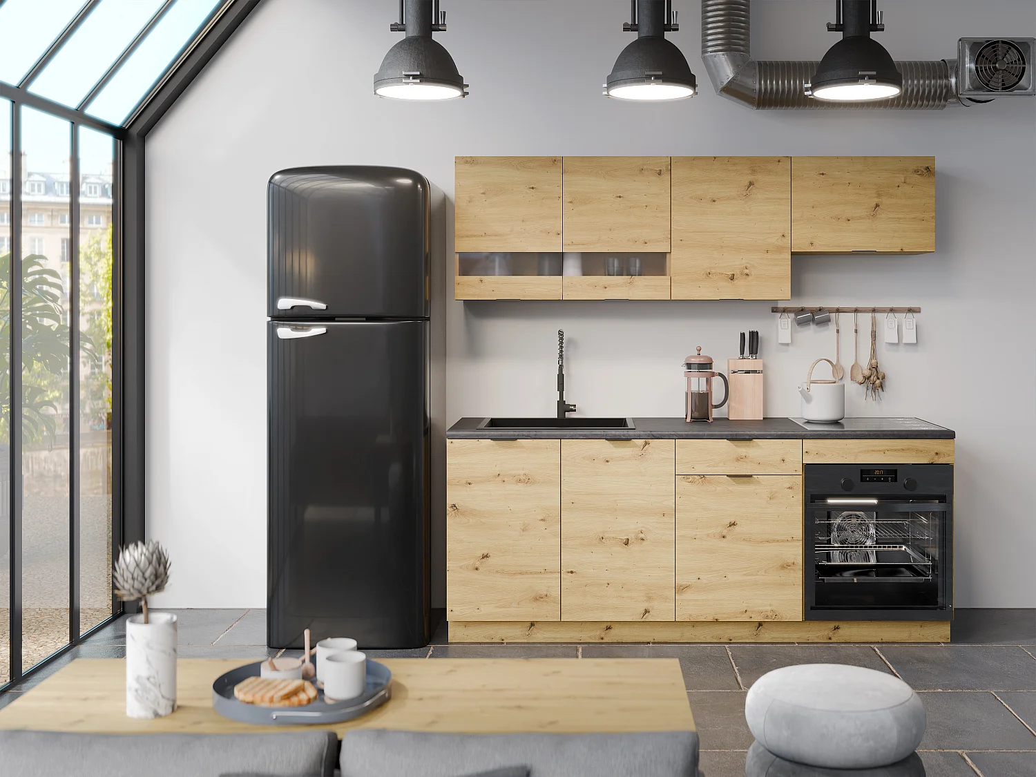 Complete keuken – 200 cm – 6 opbergelementen – Houtlook en antraciet – CARMEO