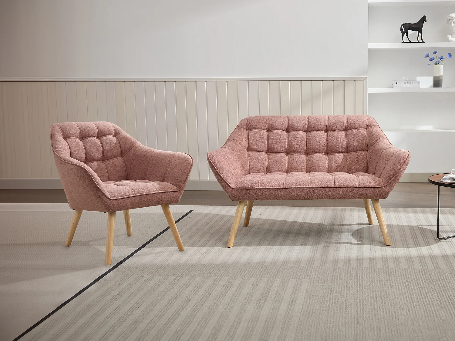 Tweezitsbank en fauteuil van roze gechineerde stof met Scandinavische stijl CASERTA