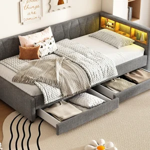 Dagbed bed met LED 90x200cm – met 2 lades en opbergpoorten – linnen stof – Grijs Dagbed bed met LED 90x200cm – met 2 lades en opbergpoorten – linnen stof – Grijs