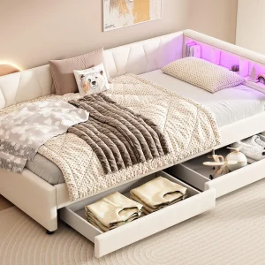 Dagbed bed met LED 90x200cm – met 2 lades en opbergpoorten – linnen stof – Beige Dagbed bed met LED 90x200cm – met 2 lades en opbergpoorten – linnen stof – Beige