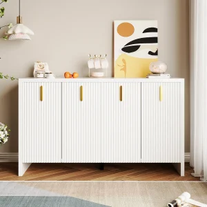 Buffet 140x80x38cm, avec 4 portes, poignées dorées et séparateurs réglables, design élégant, panneaux de particules, blanc Buffet 140x80x38cm, avec 4 portes, poignées dorées et séparateurs réglables, design élégant, panneaux de particules, blanc