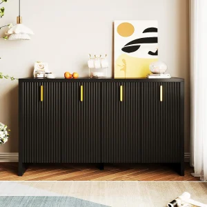 Buffet 140x80x38cm, avec 4 portes, poignées dorées et séparateurs réglables, design élégant, panneaux de particules, noir Buffet 140x80x38cm, avec 4 portes, poignées dorées et séparateurs réglables, design élégant, panneaux de particules, noir