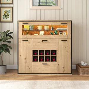 Buffet de rangement, Elégante armoire à vin avec portes doubles, étagère en verre et support pour le vin – Rangement parfait Buffet de rangement, Elégante armoire à vin avec portes doubles, étagère en verre et support pour le vin – Rangement parfait