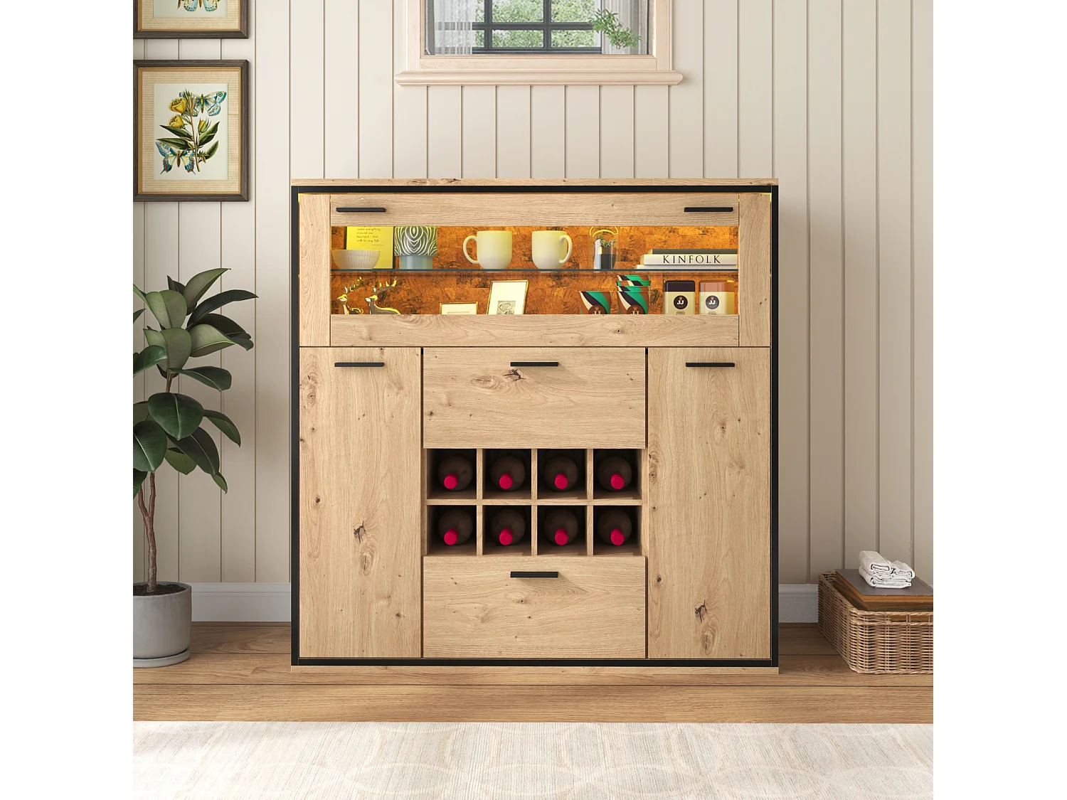 Buffet de rangement, Elégante armoire à vin avec portes doubles, étagère en verre et support pour le vin - Rangement parfait