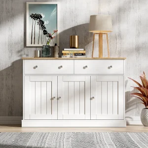 Buffet 120x36x80.5cm – meuble de salon avec texture gravée, mécanisme d'ouverture par pression – Blanc
