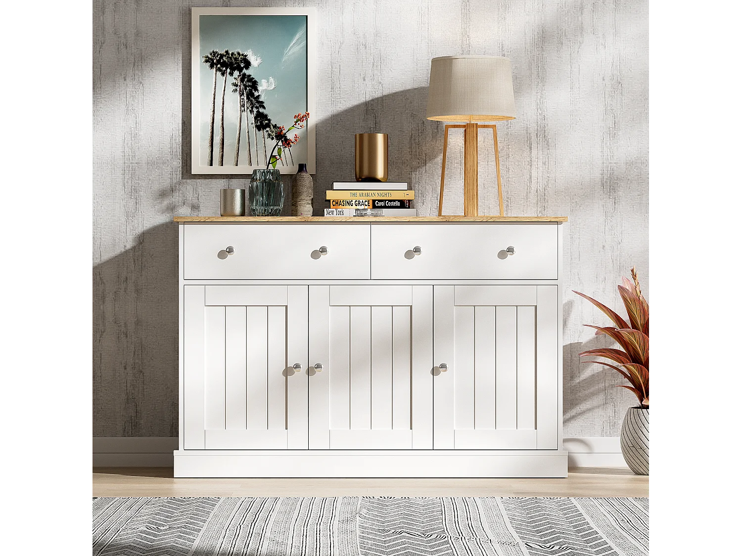 Buffet 120x36x80.5cm - meuble de salon avec texture gravée, mécanisme d'ouverture par pression - Blanc