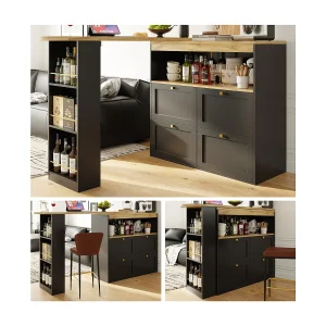 Draaibare barkast – 4 lades, 3 opbergplanken & nis – Bovenblad MDF houteffect – 138 cm/105x39x102 cm – Zwart