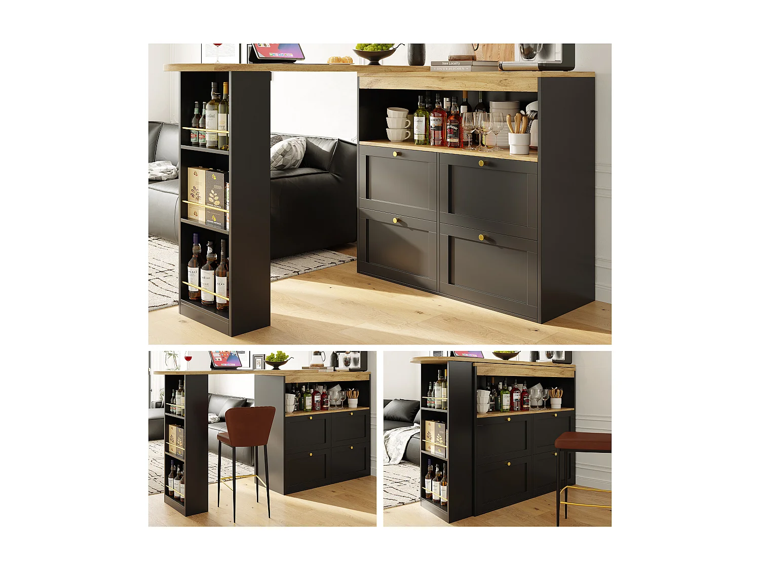 Draaibare barkast - 4 lades, 3 opbergplanken & nis - Bovenblad MDF houteffect - 138 cm/105x39x102 cm - Zwart