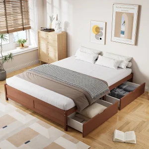 Cadre de lit 140x200cm – lit double en bois avec 2 tiroirs à roulettes avec sommiers à lattes sans tête de lit – rouge-marron