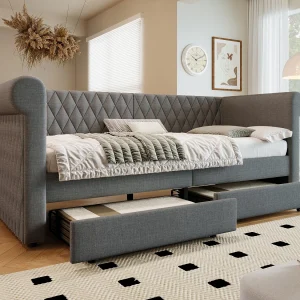 Dagbed met 2 laden in linnenstof – 90x200cm – met lattenbodem – Grijs Dagbed met 2 laden in linnenstof – 90x200cm – met lattenbodem – Grijs