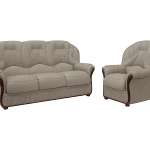 Driezitsbank en fauteuil van 100% taupegrijs buffelleer DAPHNE