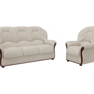 Driezitsbank en fauteuil van 100% ivoorkleurig buffelleer DAPHNE