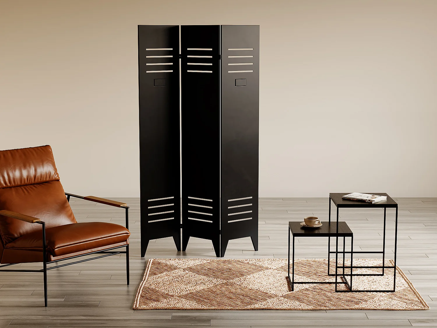 Industrieel kamerscherm met lockerdeur van metaal - L107 x H178 cm - Zwart - CASILY