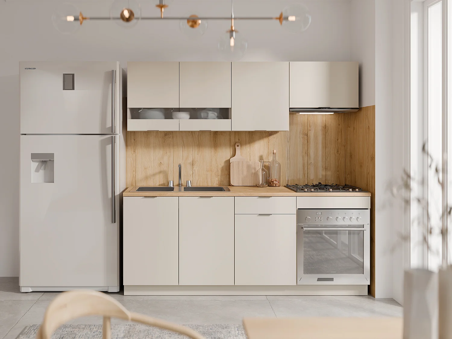 Complete keuken - Met werkblad 200 cm - Beige en naturel - CARMEO