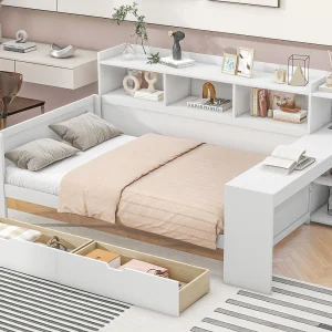 Dagbedbed 90x200cm – bureau met USB-aansluiting – 2 laden en planken – Wit (matras niet inbegrepen) Dagbedbed 90x200cm – bureau met USB-aansluiting – 2 laden en planken – Wit (matras niet inbegrepen)
