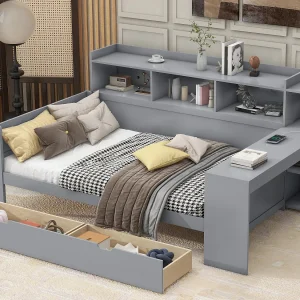 Dagbedbed 90x200cm – bureau met USB-aansluiting – 2 laden en planken – Grijs (matras niet inbegrepen) Dagbedbed 90x200cm – bureau met USB-aansluiting – 2 laden en planken – Grijs (matras niet inbegrepen)