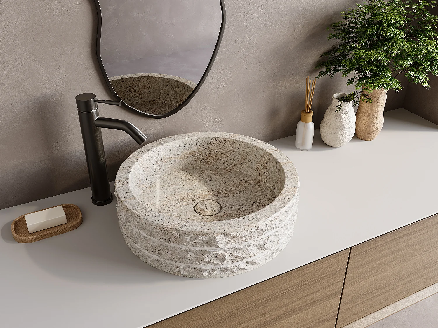 Opzetwastafel in marmer - Crème - Ø40 cm - CIRILA