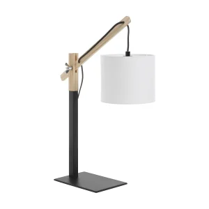 BRITTA moderne stijl tafellamp – Hoogte 45,5 cm – E27 60W – 90º graden – 2 meter kabel – aan&uit – staal en hout – zwart – witte katoenen lampenkap BRITTA moderne stijl tafellamp – Hoogte 45,5 cm – E27 60W – 90º graden – 2 meter kabel – aan&uit – staal en hout – zwart – witte katoenen lampenkap