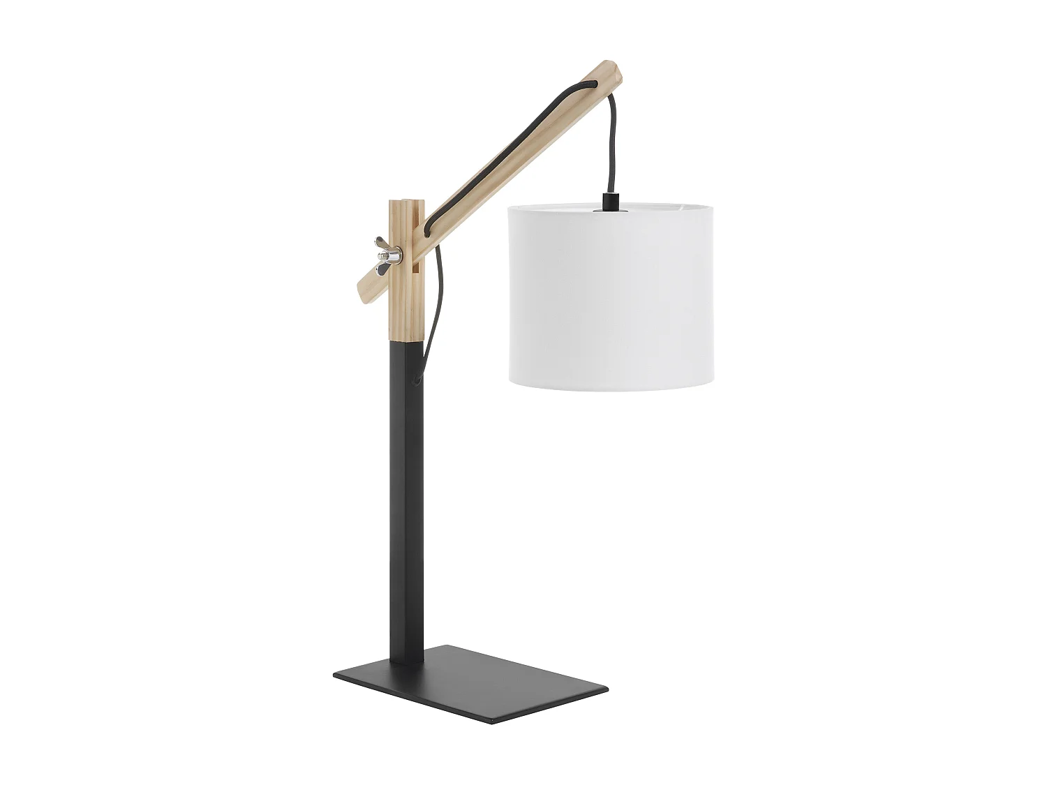 BRITTA moderne stijl tafellamp - Hoogte 45,5 cm - E27 60W - 90º graden - 2 meter kabel - aan&uit - staal en hout - zwart - witte katoenen lampenkap