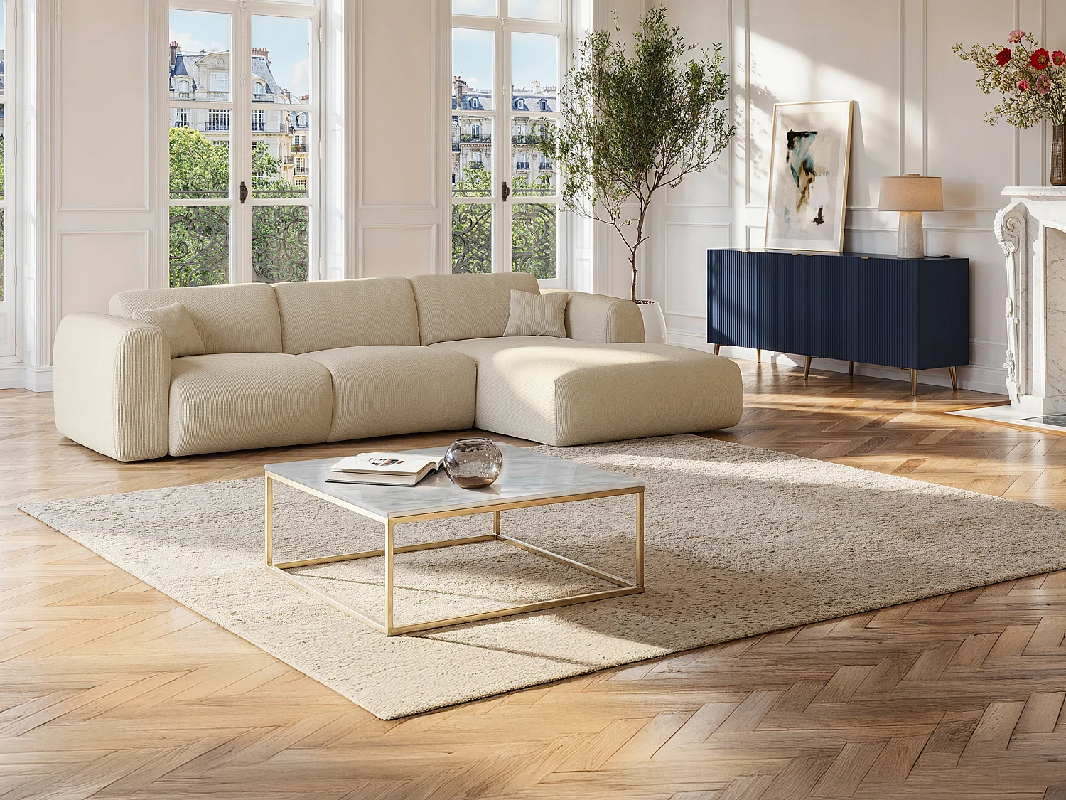 Design salontafel ARETHA - Marmer en metaal - Wit en goudkleurig - Koop nu goedkoop online