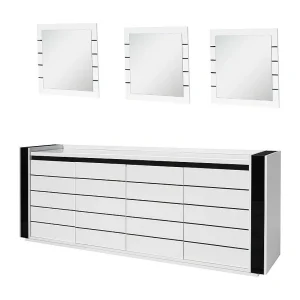Set buffetkast LINA met LED en 3 vierkante spiegels in wit en zwart kleur
