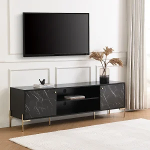 Tv-meubel met 2 deuren en 2 nissen van mdf en metaal – Zwart marmereffect en goud – CIEMILA
