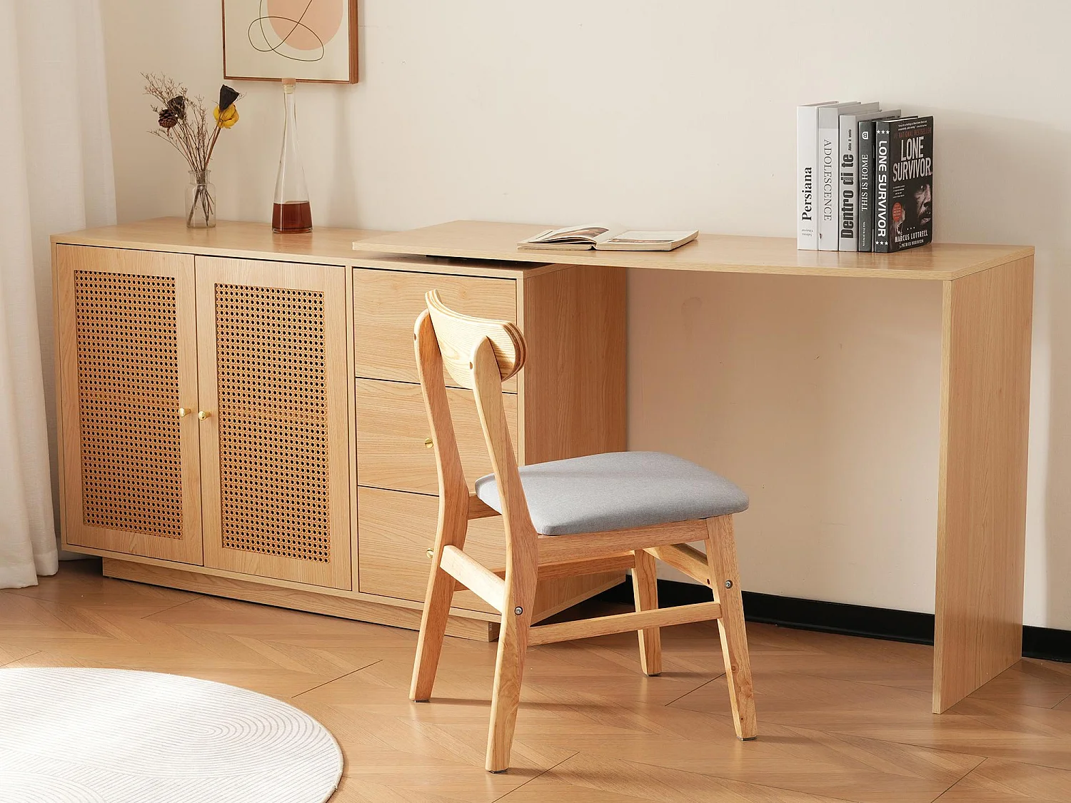 Draaibare intrekbare kaptafel in MDF - 3 deuren en 3 laden - Wit