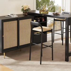 Dressoir, uitschuifbaar en draaibaar bar meubel – van MDF – met diverse opbergruimtes – Zwart
