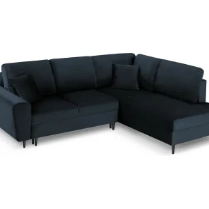 Converteerbare hoekbank rechts met opbergdoos "Kyoto" 5 zitplaatsen, Flueel, Donkerblauw – 243x194x88cm