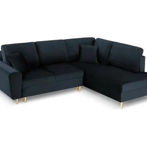 Converteerbare hoekbank rechts met opbergdoos "Kyoto" 5 zitplaatsen, Flueel, Donkerblauw – 243x194x88cm