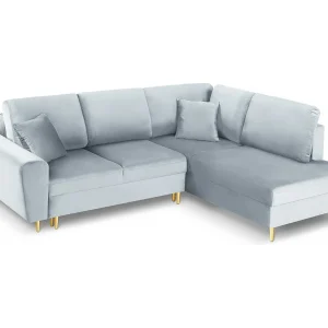 Converteerbare hoekbank rechts met opbergdoos "Kyoto" 5 zitplaatsen, Flueel, Lichtblauw – 243x194x88cm