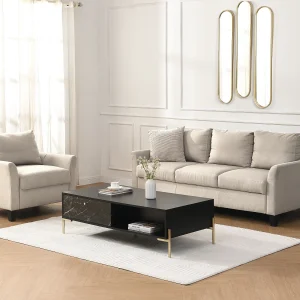 Salontafel met 2 lades en 2 nissen van mdf – Zwart marmereffect en goud – CIEMILA Salontafel met 2 lades en 2 nissen van mdf – Zwart marmereffect en goud – CIEMILA