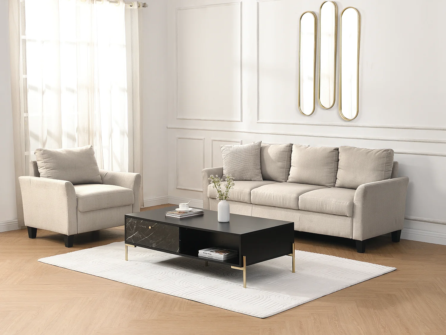 Salontafel met 2 lades en 2 nissen van mdf - Zwart marmereffect en goud - CIEMILA