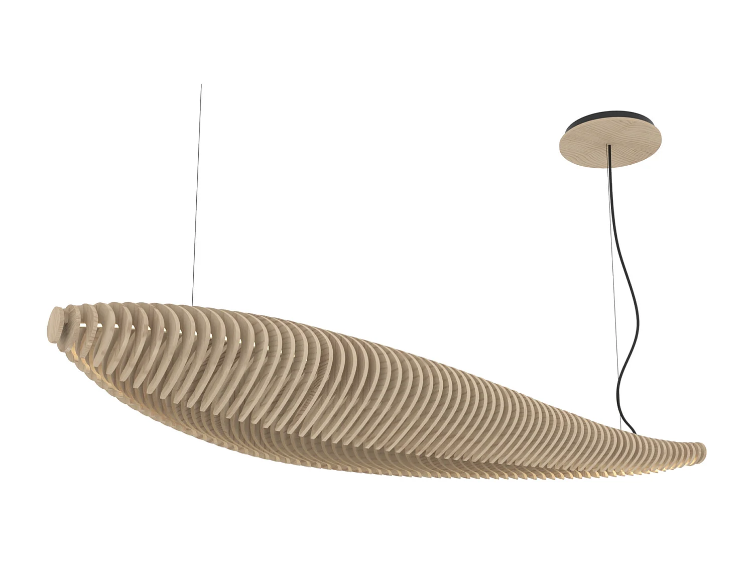 FISH hout en aluminium plafondlamp - moderne stijl - Lengte 142,7 x Breedte 42,8 cm x H 150 cm max - IP20, 26W SMD LED - 2870 lm - 2,7K - 120º - beukenhout