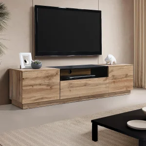 Tv-meubel met 2 deuren, 1 lade en 1 nis – Naturel en zwart – CEMILINA