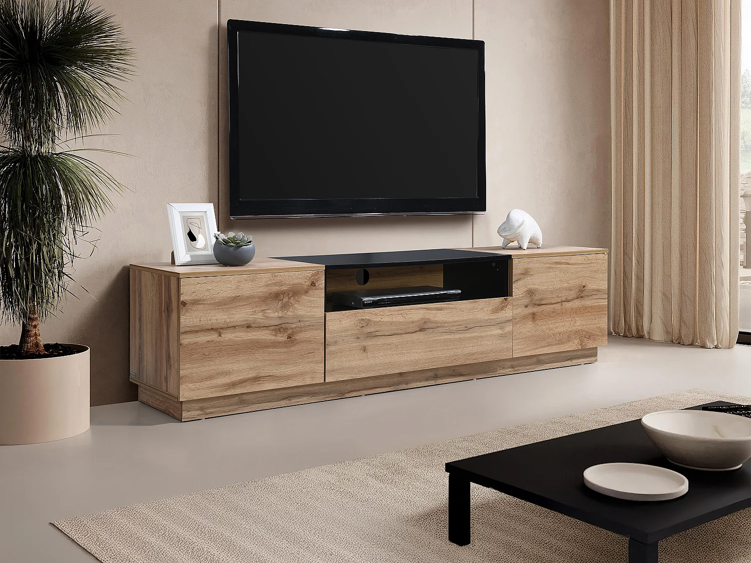 Tv-meubel met 2 deuren, 1 lade en 1 nis - Naturel en zwart - CEMILINA