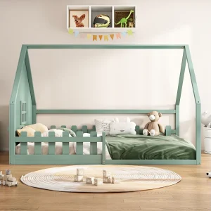 Cabinebed 140 x 200 cm met raam – Grenenhout + MDF – Inclusief lattenbodem – Groen Cabinebed 140 x 200 cm met raam – Grenenhout + MDF – Inclusief lattenbodem – Groen