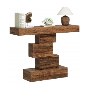 Consoletafel, 108 cm smalle houten salontafel achter de bank met geometrische voet, industriële haltafel, rustiek bruin