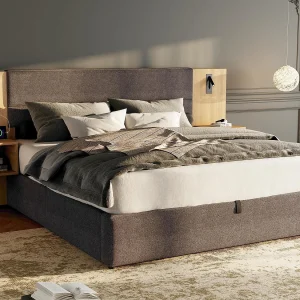 Breed opbergbed 160×200 cm bekleed met fluweel – met USB-poort en LED – 2 nachtkastjes – Grijs & Naturel Breed opbergbed 160×200 cm bekleed met fluweel – met USB-poort en LED – 2 nachtkastjes – Grijs & Naturel