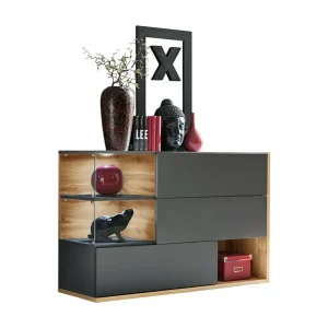 Buffet, dressoir, sideboard KLIS met drie deuren en drie vakken. Kleur antracietgrijs en eiken. Design stijl.