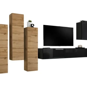 Design woonkamermeubelset uit de SWITCH III collectie. Kleuren wotan eik en glanzend zwart. Design woonkamermeubelset uit de SWITCH III collectie. Kleuren wotan eik en glanzend zwart.