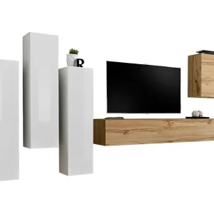 Design woonkamermeubelset uit de SWITCH III-collectie. Kleur hoogglans wit en Wotan eiken. Design woonkamermeubelset uit de SWITCH III-collectie. Kleur hoogglans wit en Wotan eiken.